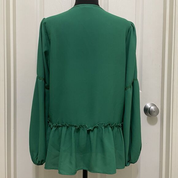 PLEIONE Blouse V-Neck Lantern Sleeve Shirt Green Womens Medium Flowy Boho Ruffle - Picture 3 of 10
